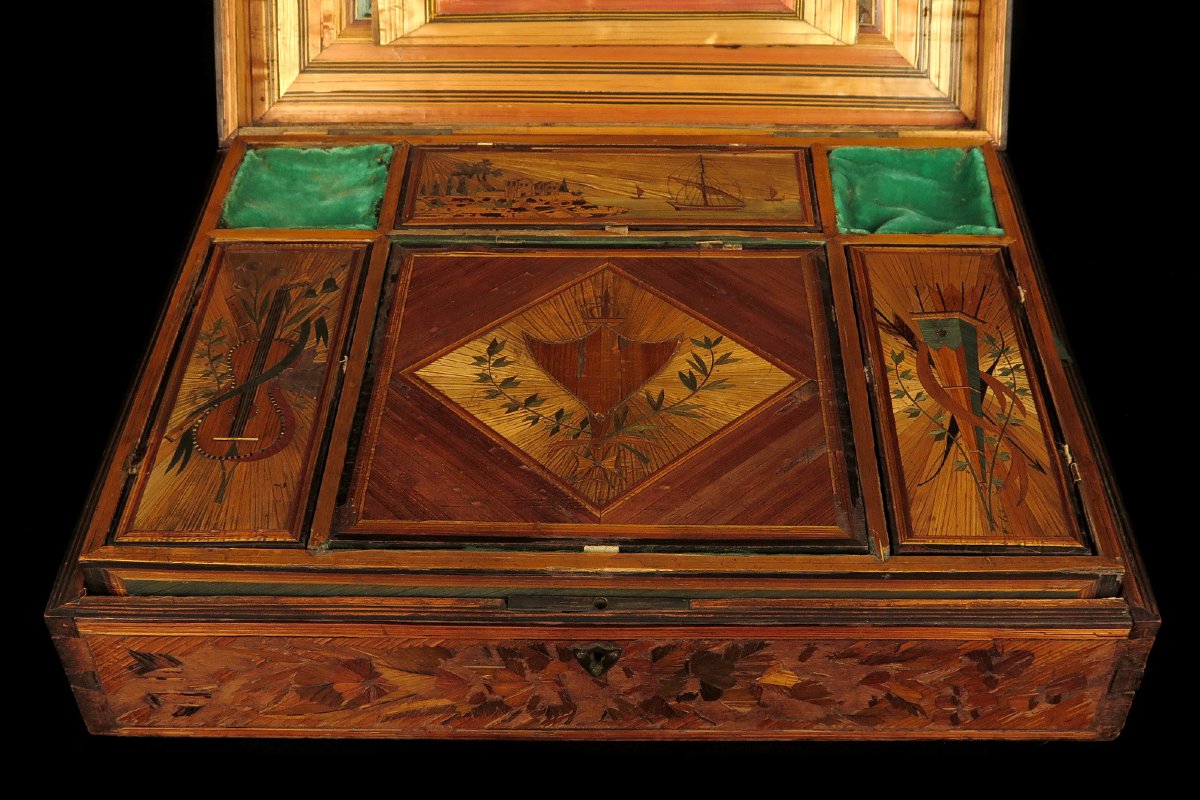 Ancien coffret en marqueterie de paille, vers 1900 / Art Populaire Boite-photo-2