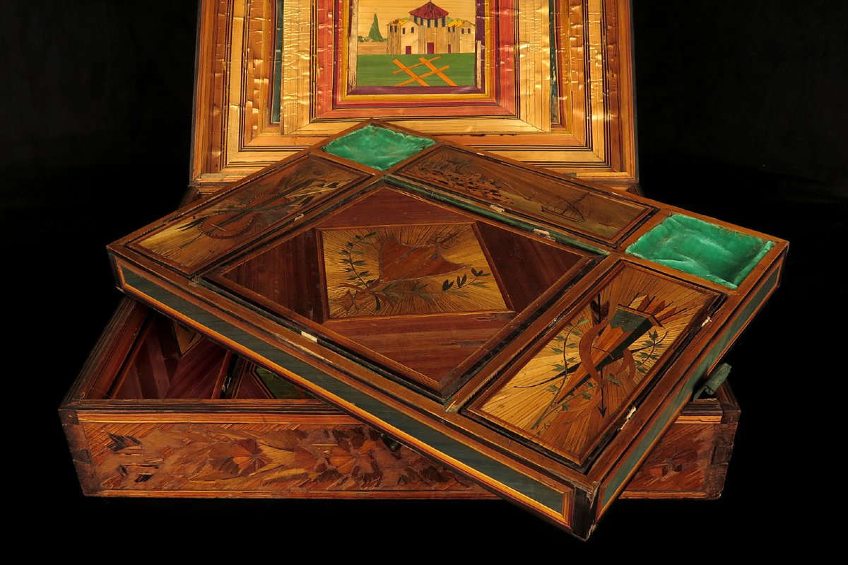 Ancien coffret en marqueterie de paille, vers 1900 / Art Populaire Boite-photo-4