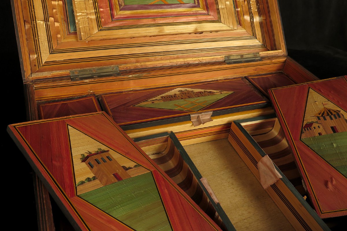 Ancien coffret en marqueterie de paille, vers 1900 / Art Populaire Boite-photo-6