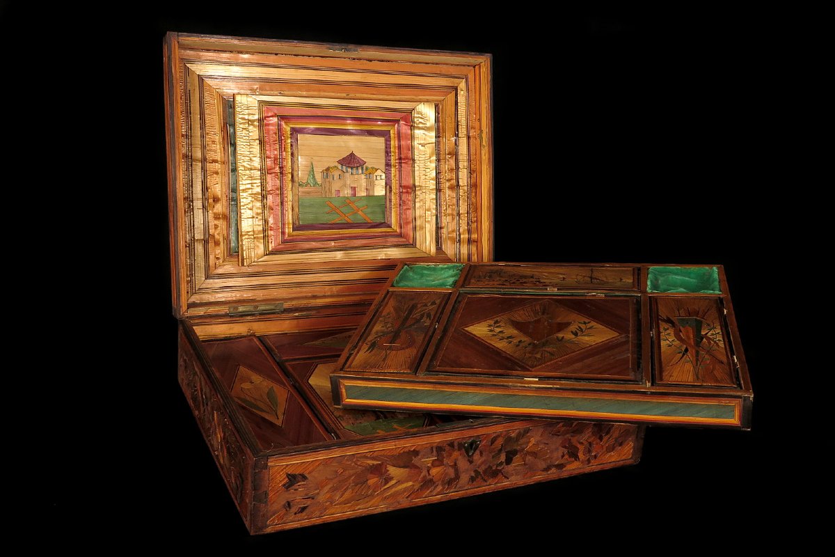 Ancien coffret en marqueterie de paille, vers 1900 / Art Populaire Boite