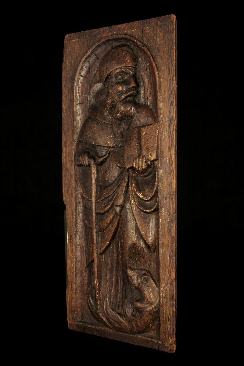 Ancien sculpture sur chêne, bas relief religieux d'un Saint, 18eme ou antérieur-photo-2