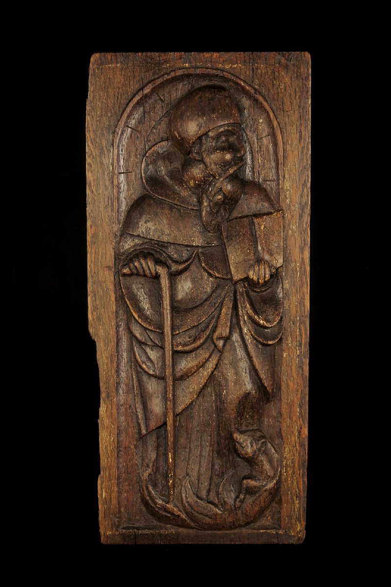 Ancien sculpture sur chêne, bas relief religieux d'un Saint, 18eme ou antérieur