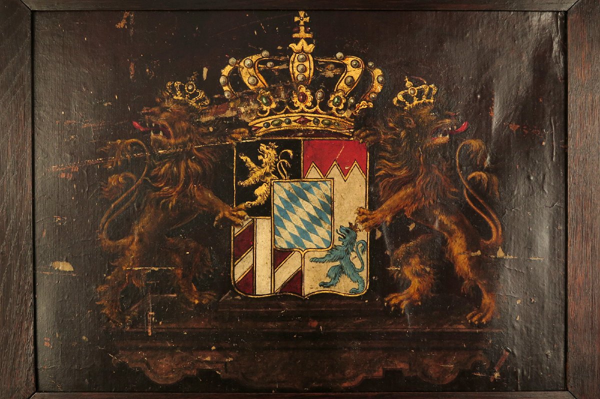 Ancienne peinture à l'huile sur carton bouilli, armoirie de Bavière vers 1880.-photo-2