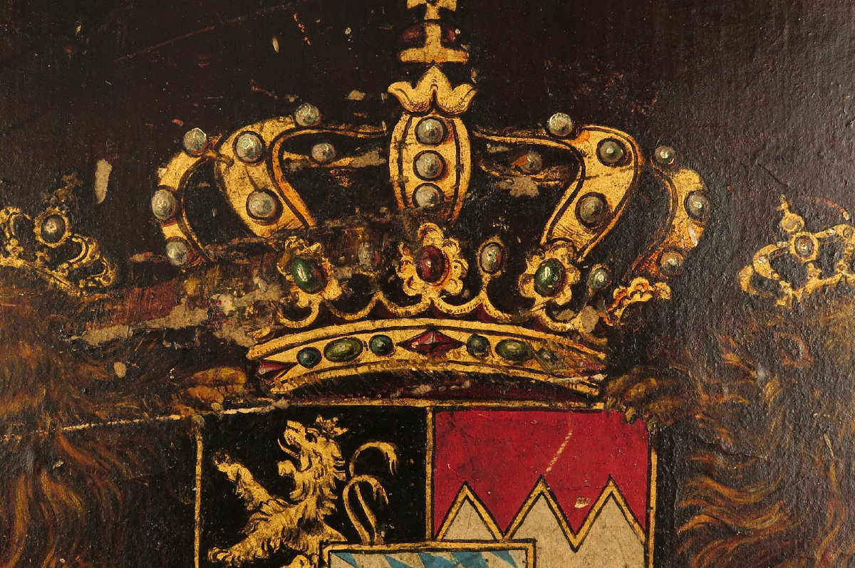 Ancienne peinture à l'huile sur carton bouilli, armoirie de Bavière vers 1880.-photo-2
