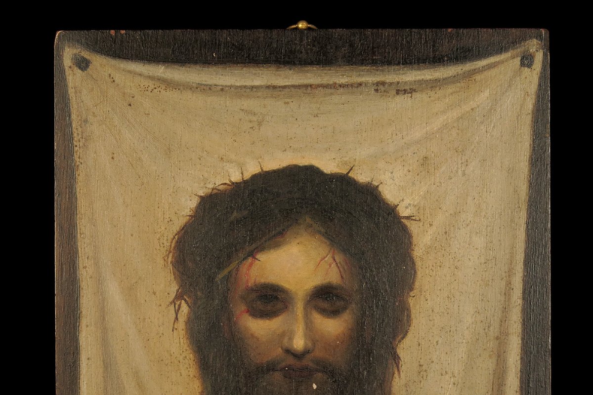 Ancienne peinture à l'huile sur panneau, Saint Suaire vers 1880.-photo-2