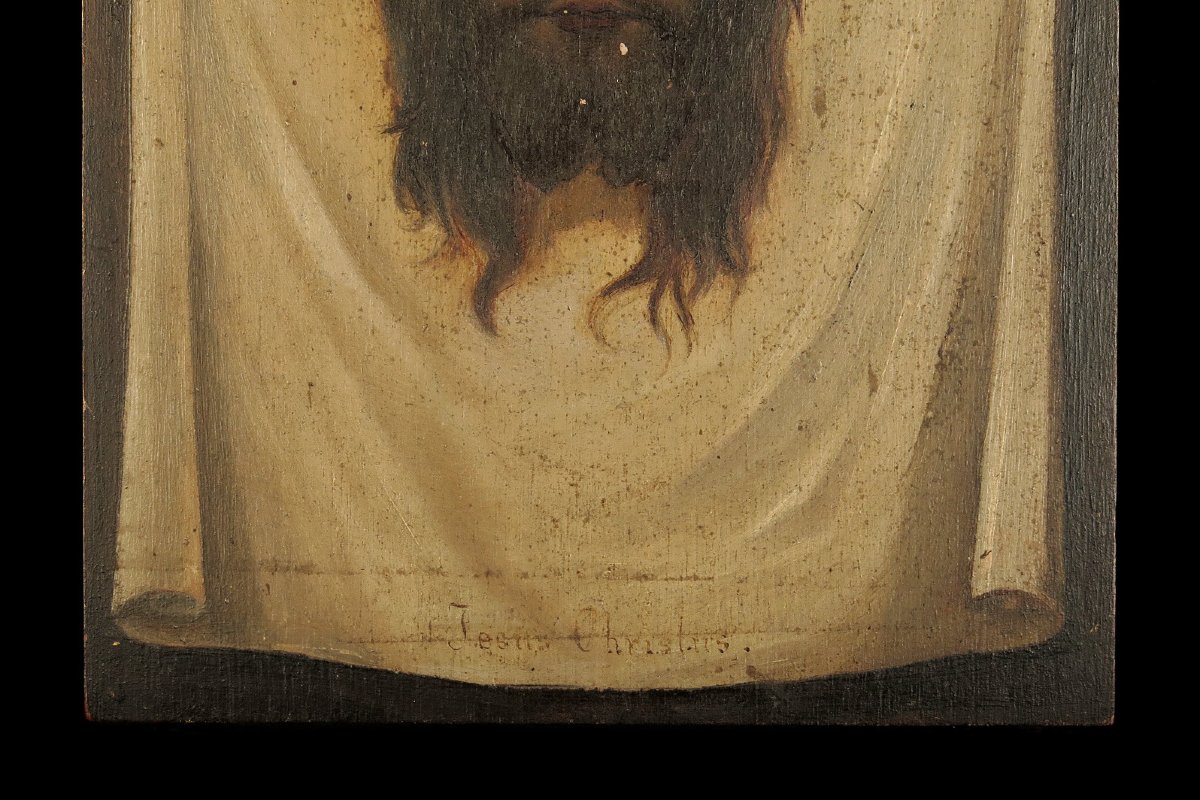 Ancienne peinture à l'huile sur panneau, Saint Suaire vers 1880.-photo-3