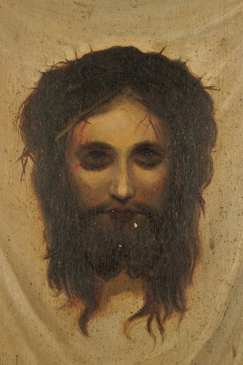 Ancienne peinture à l'huile sur panneau, Saint Suaire vers 1880.-photo-4