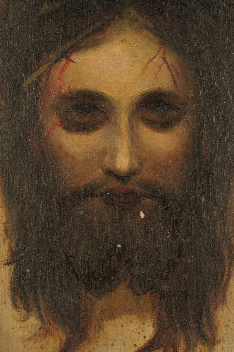 Ancienne peinture à l'huile sur panneau, Saint Suaire vers 1880.-photo-1