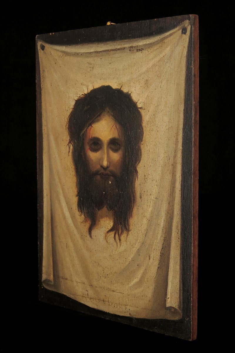 Ancienne peinture à l'huile sur panneau, Saint Suaire vers 1880.-photo-3