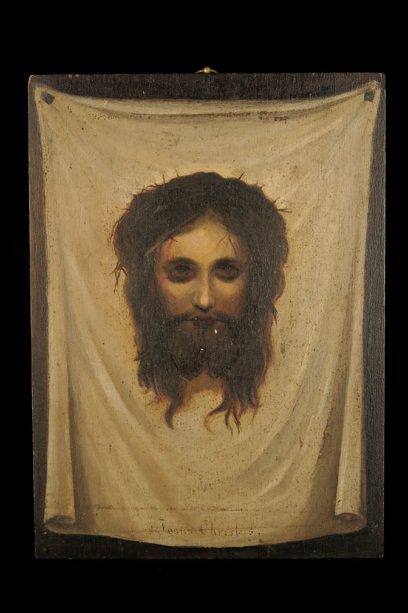 Ancienne peinture à l'huile sur panneau, Saint Suaire vers 1880.