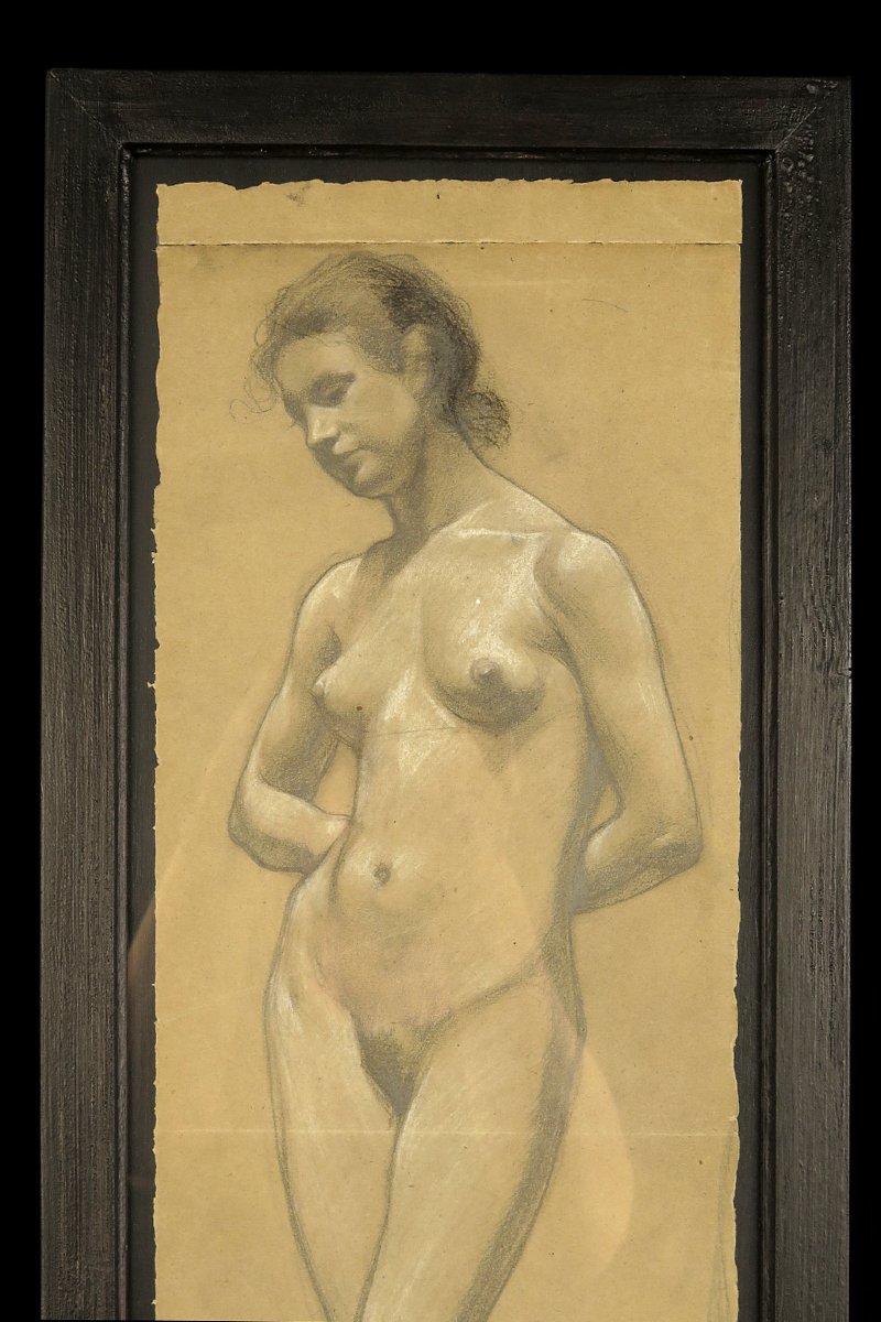 An Old Charcoal Drawing, An Academic Female Nude From Around 1900.-photo-2