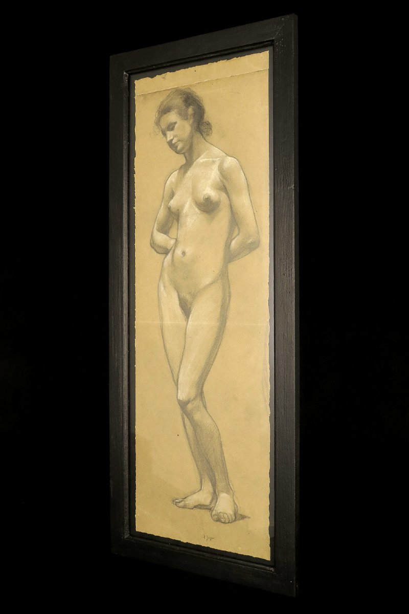 An Old Charcoal Drawing, An Academic Female Nude From Around 1900.-photo-4