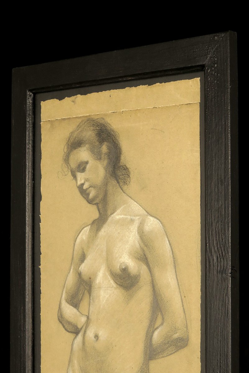 An Old Charcoal Drawing, An Academic Female Nude From Around 1900.-photo-5