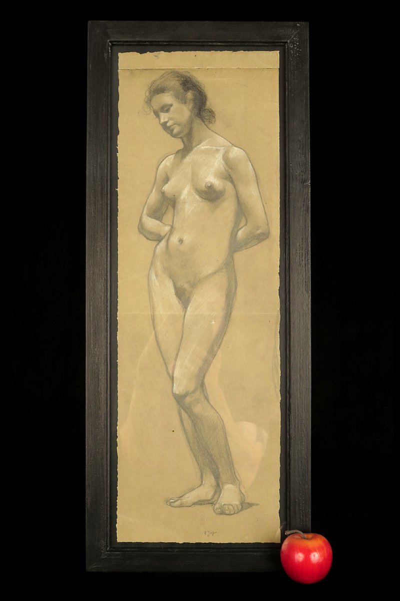 An Old Charcoal Drawing, An Academic Female Nude From Around 1900.-photo-8