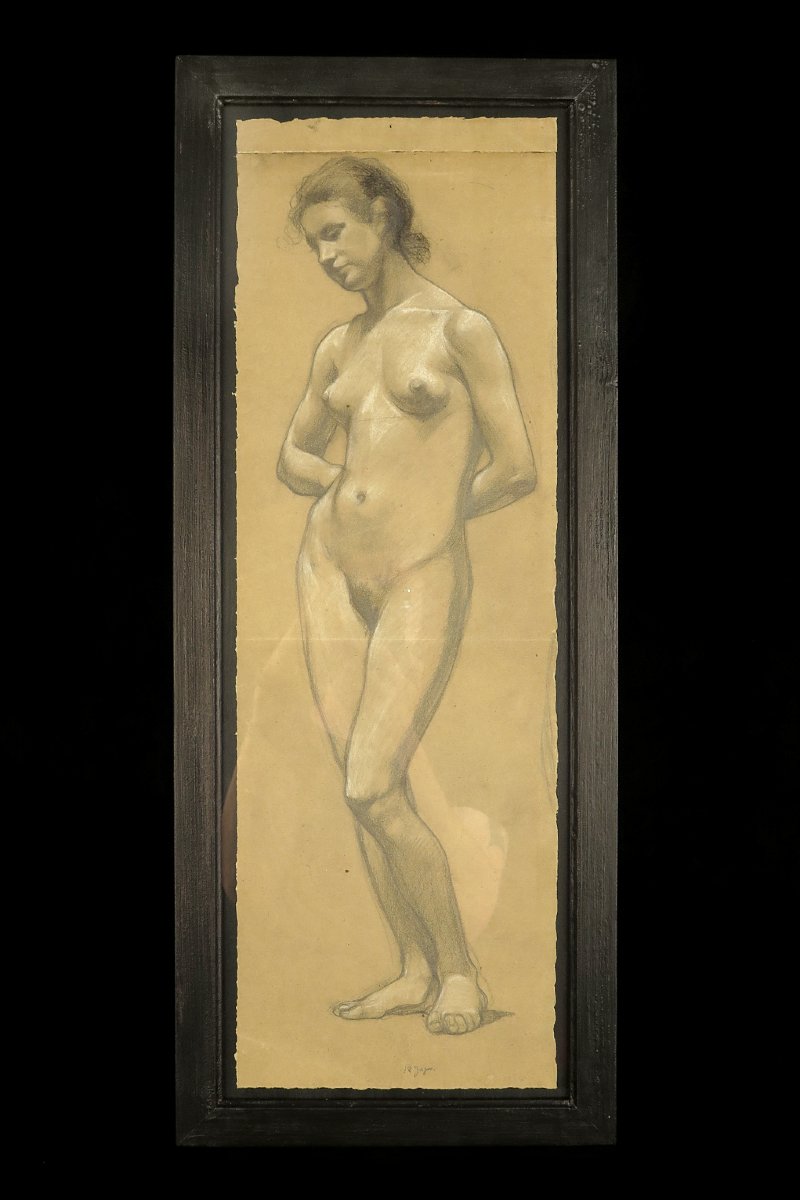 An Old Charcoal Drawing, An Academic Female Nude From Around 1900.