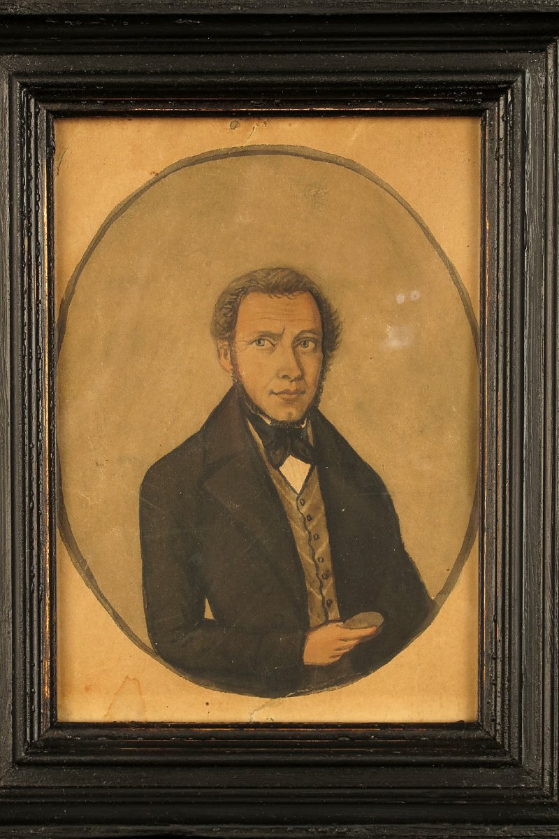 Ancien portrait d'homme, aquarelle art populaire daté 1835.-photo-2