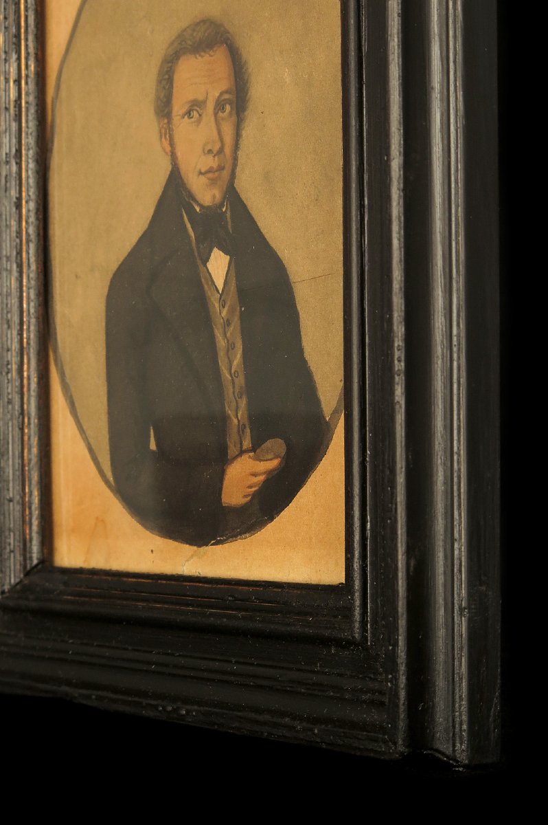 Ancien portrait d'homme, aquarelle art populaire daté 1835.-photo-4