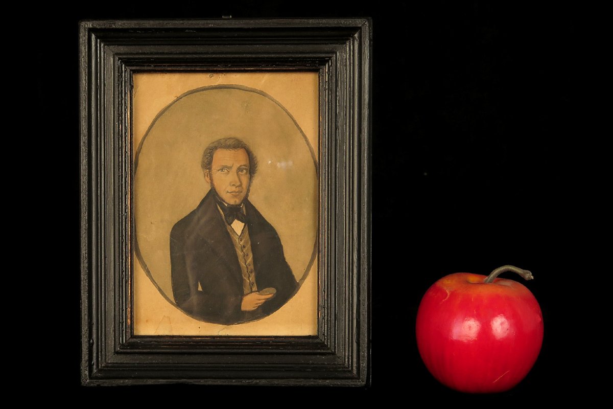 Ancien portrait d'homme, aquarelle art populaire daté 1835.-photo-7