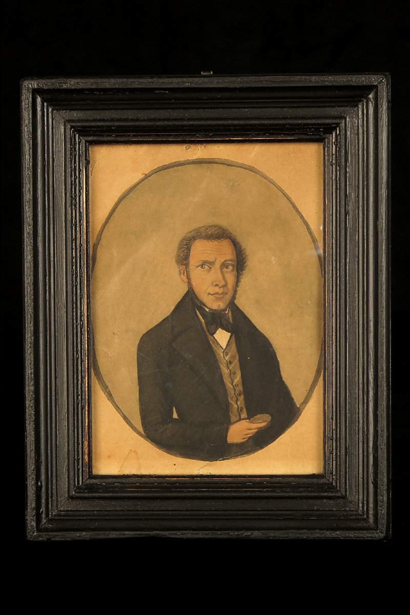 Ancien portrait d'homme, aquarelle art populaire daté 1835.