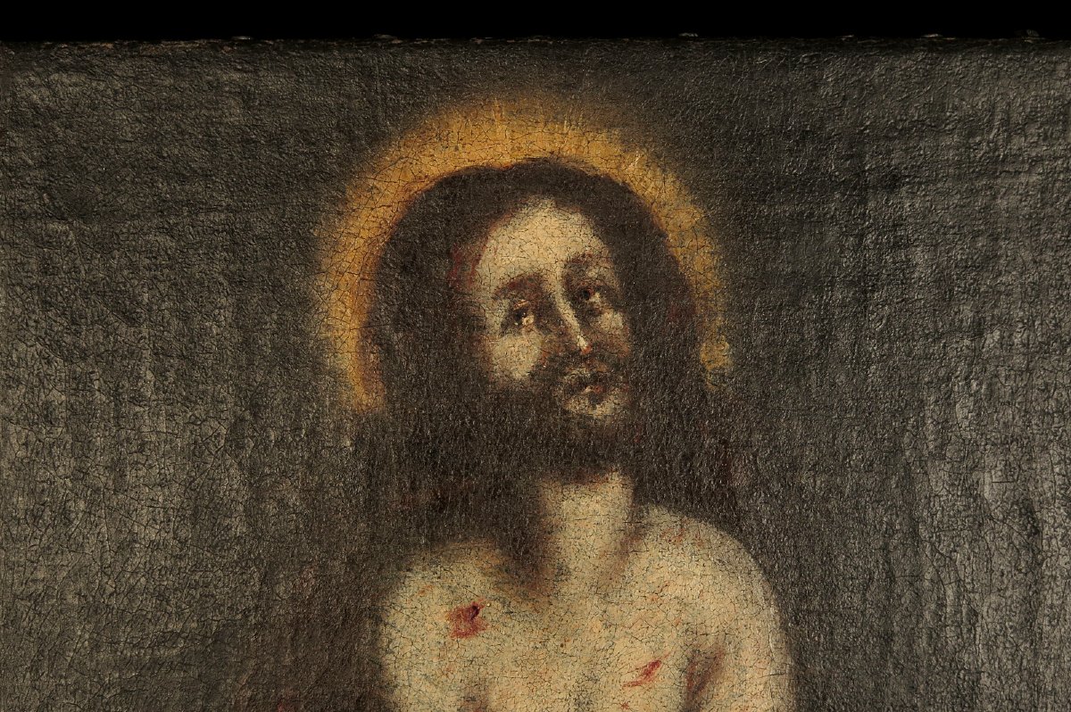 Ancienne peinture à l'huile sur toile, Christ aux liens vers 1750 / Ecole Flamande-photo-4