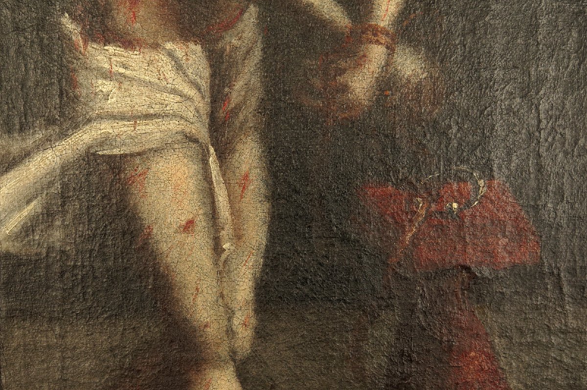 Ancienne peinture à l'huile sur toile, Christ aux liens vers 1750 / Ecole Flamande-photo-2