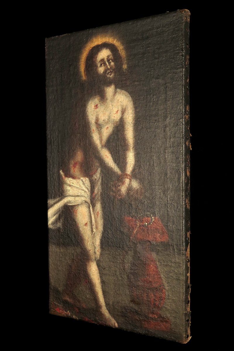 Ancienne peinture à l'huile sur toile, Christ aux liens vers 1750 / Ecole Flamande-photo-4