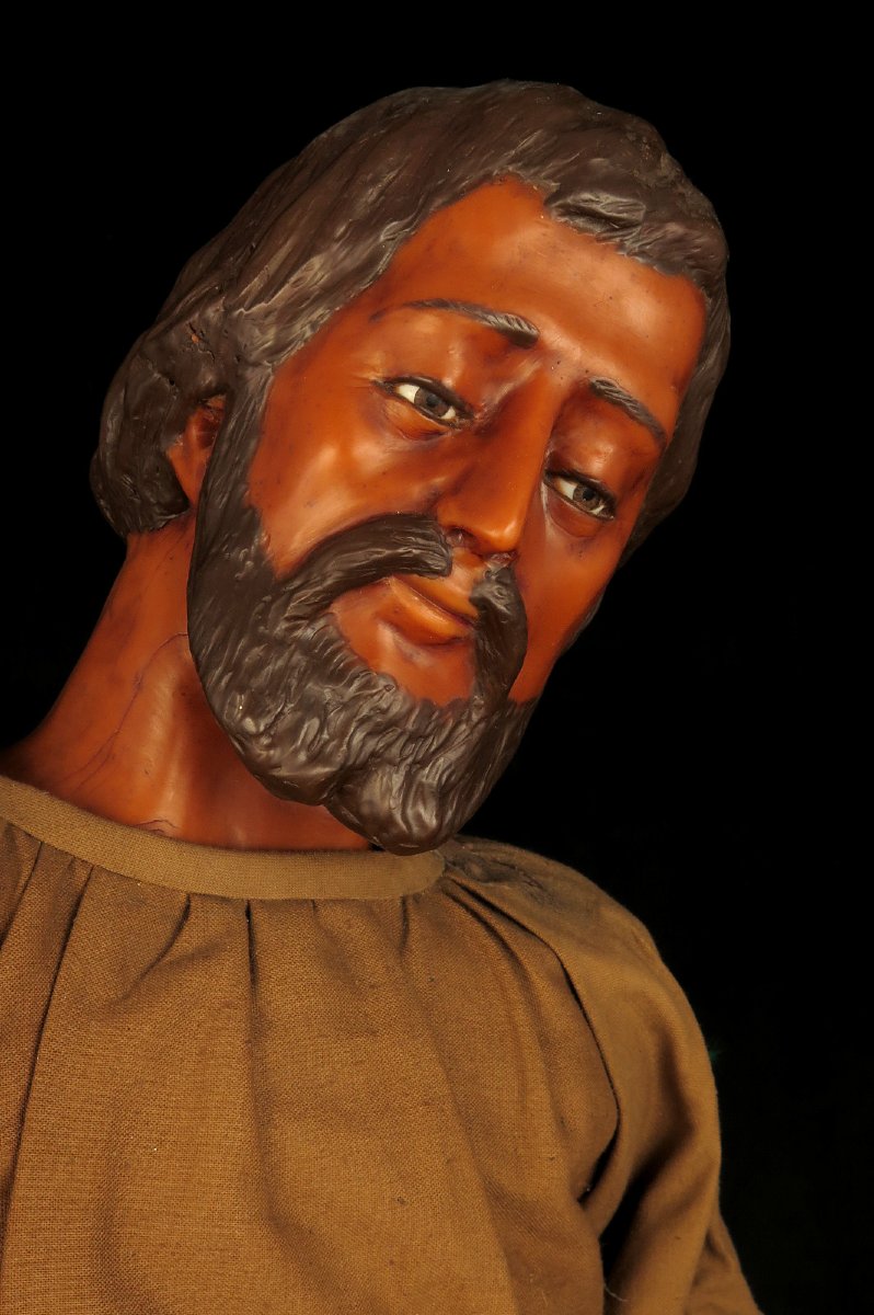 Ancien Santon en cire, Saint Joseph vers 1900 / Sculpture yeux verre-photo-4