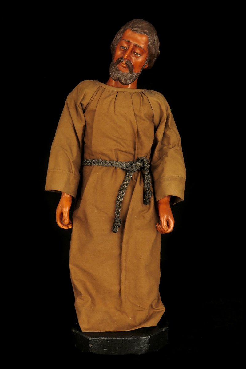 Ancien Santon en cire, Saint Joseph vers 1900 / Sculpture yeux verre