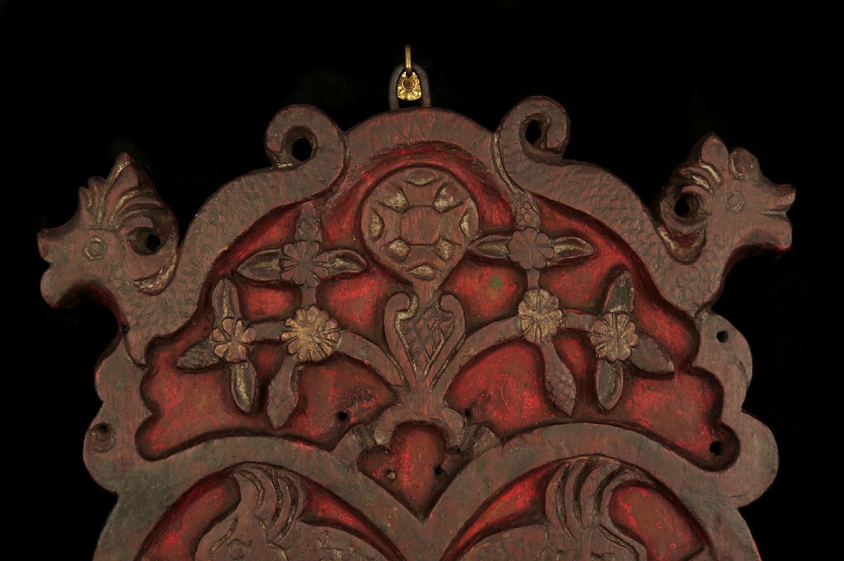 Ancienne sculpture sur chêne, art populaire vers 1800 / Blason ?-photo-2