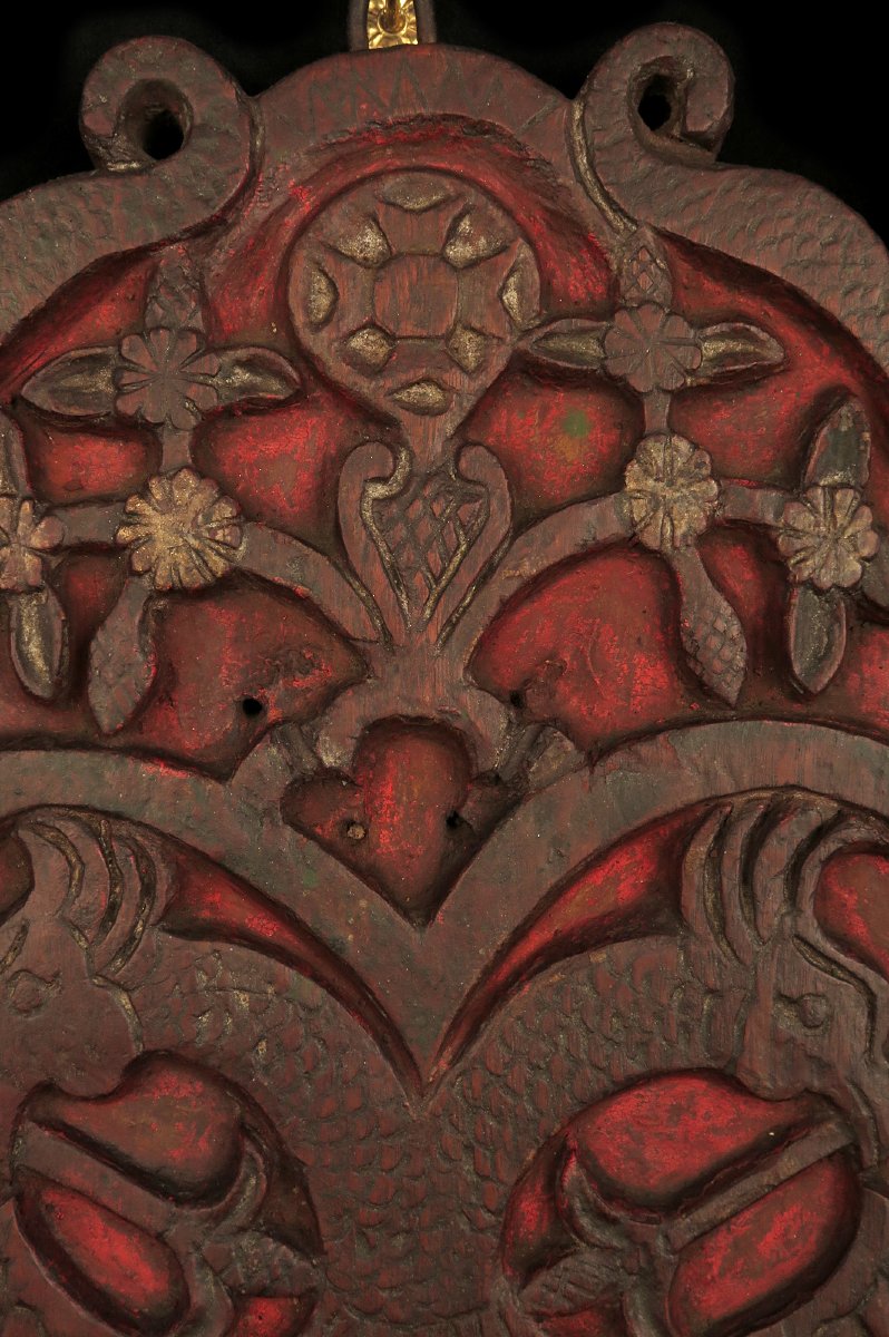 Ancienne sculpture sur chêne, art populaire vers 1800 / Blason ?-photo-4