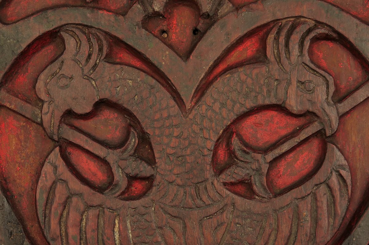 Ancienne sculpture sur chêne, art populaire vers 1800 / Blason ?-photo-1
