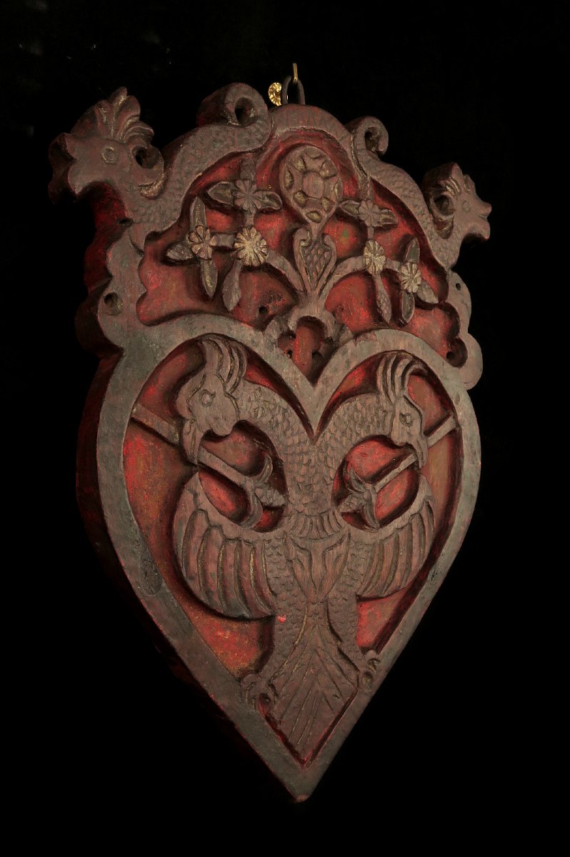 Ancienne sculpture sur chêne, art populaire vers 1800 / Blason ?-photo-2