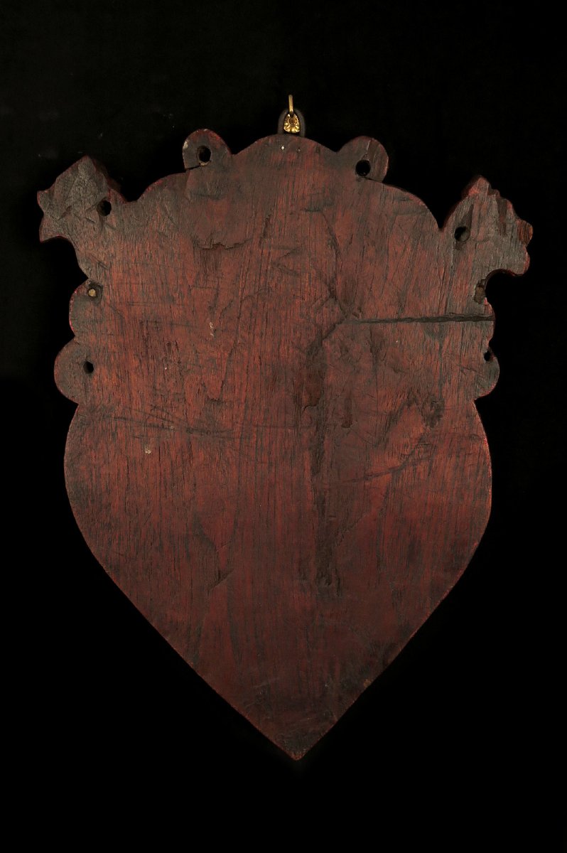 Ancienne sculpture sur chêne, art populaire vers 1800 / Blason ?-photo-3