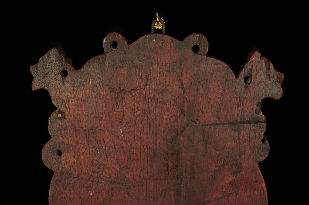 Ancienne sculpture sur chêne, art populaire vers 1800 / Blason ?-photo-4