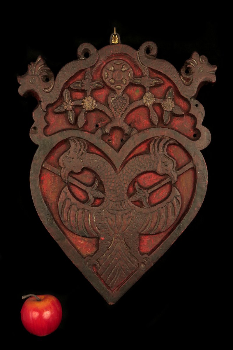 Ancienne sculpture sur chêne, art populaire vers 1800 / Blason ?-photo-5
