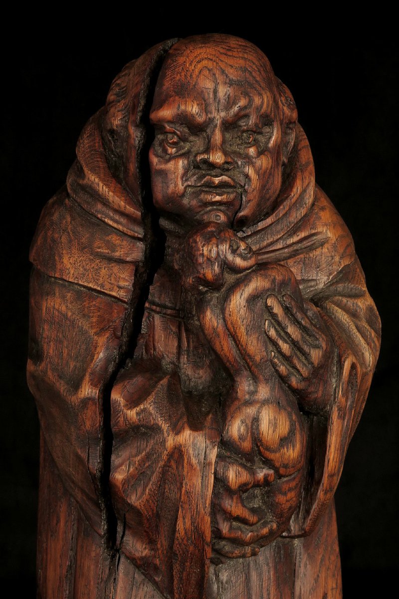 Ancienne sculpture en chêne, art populaire vers 1850 . Grotesque de Saint Antoine de Padoue-photo-2