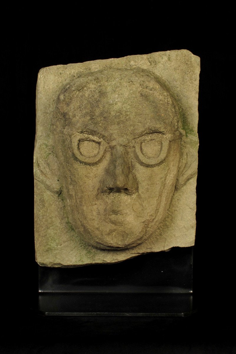 Old Sandstone Bas Relief, Portrait Of An Aviator Or Autopilot Circa 1930