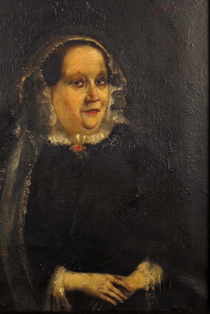 Curieux Portrait Ancien, Peinture à l'Huile Sur Toile Vers 1850.-photo-2
