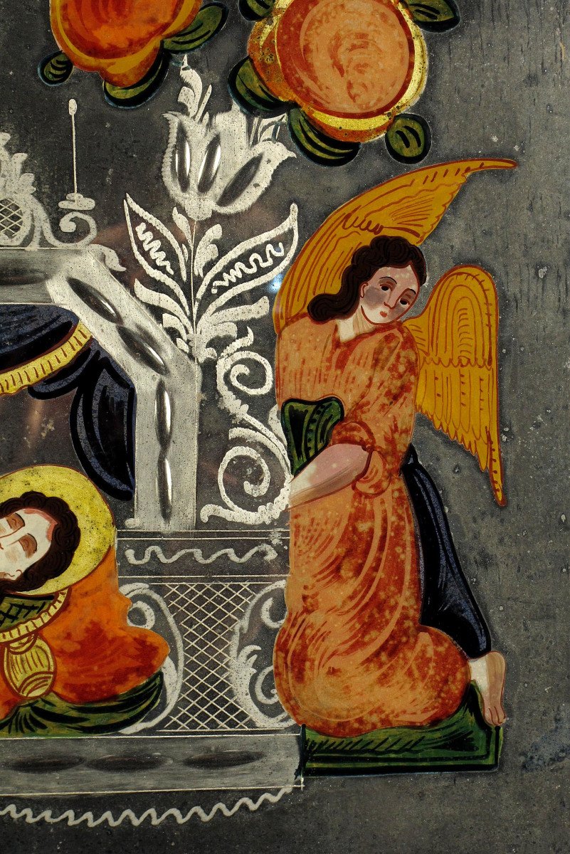 Ancienne Peinture Sous Verre Eglosmisé, Christ Gisant Vers 1820-photo-2