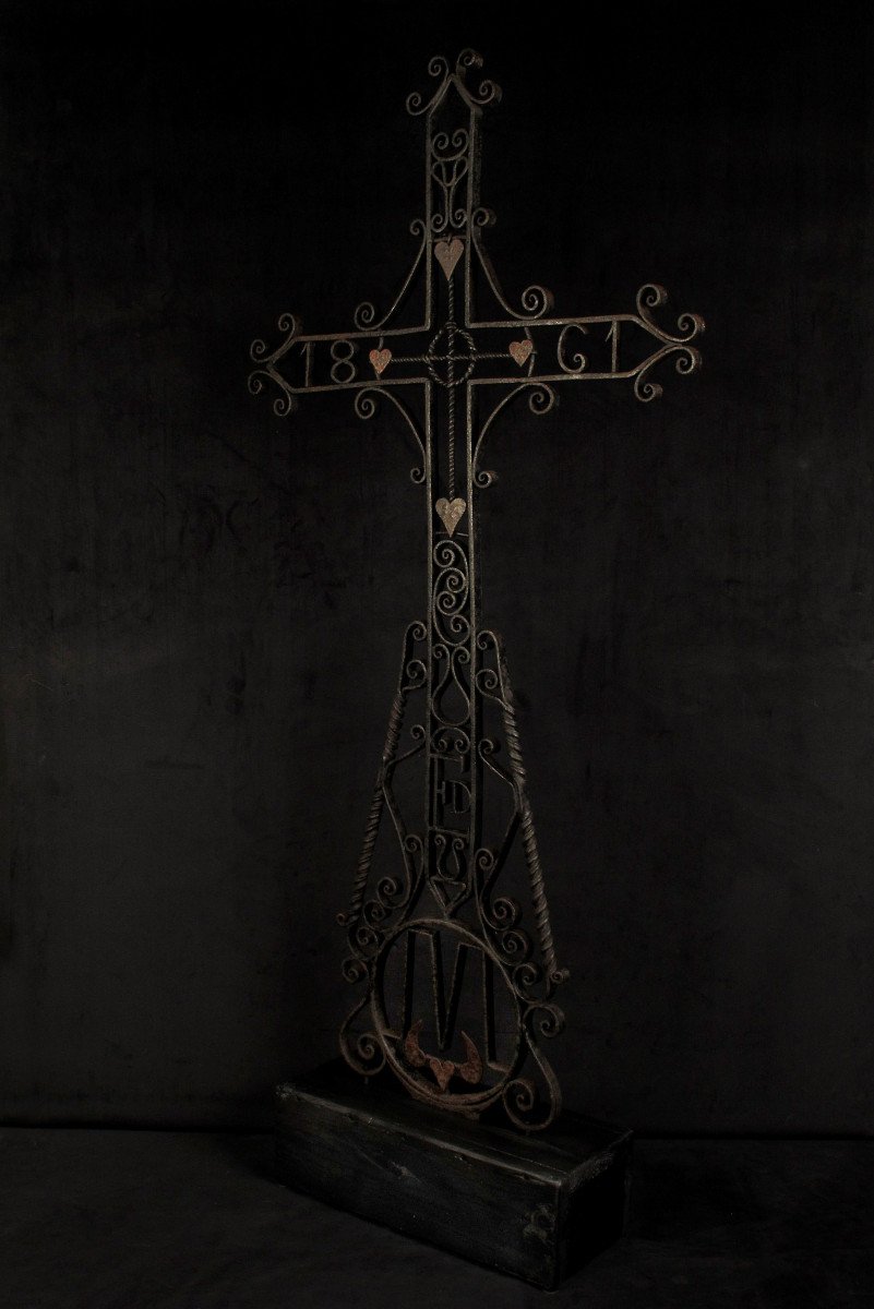 Merveilleuse Croix Funéraire En Fer Forgé, Datée 1861.-photo-5