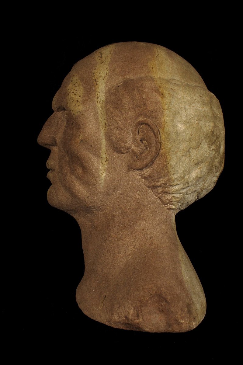 Ancienne Sculpture Sur Grès, Portrait d'Homme Vers 1930.-photo-4