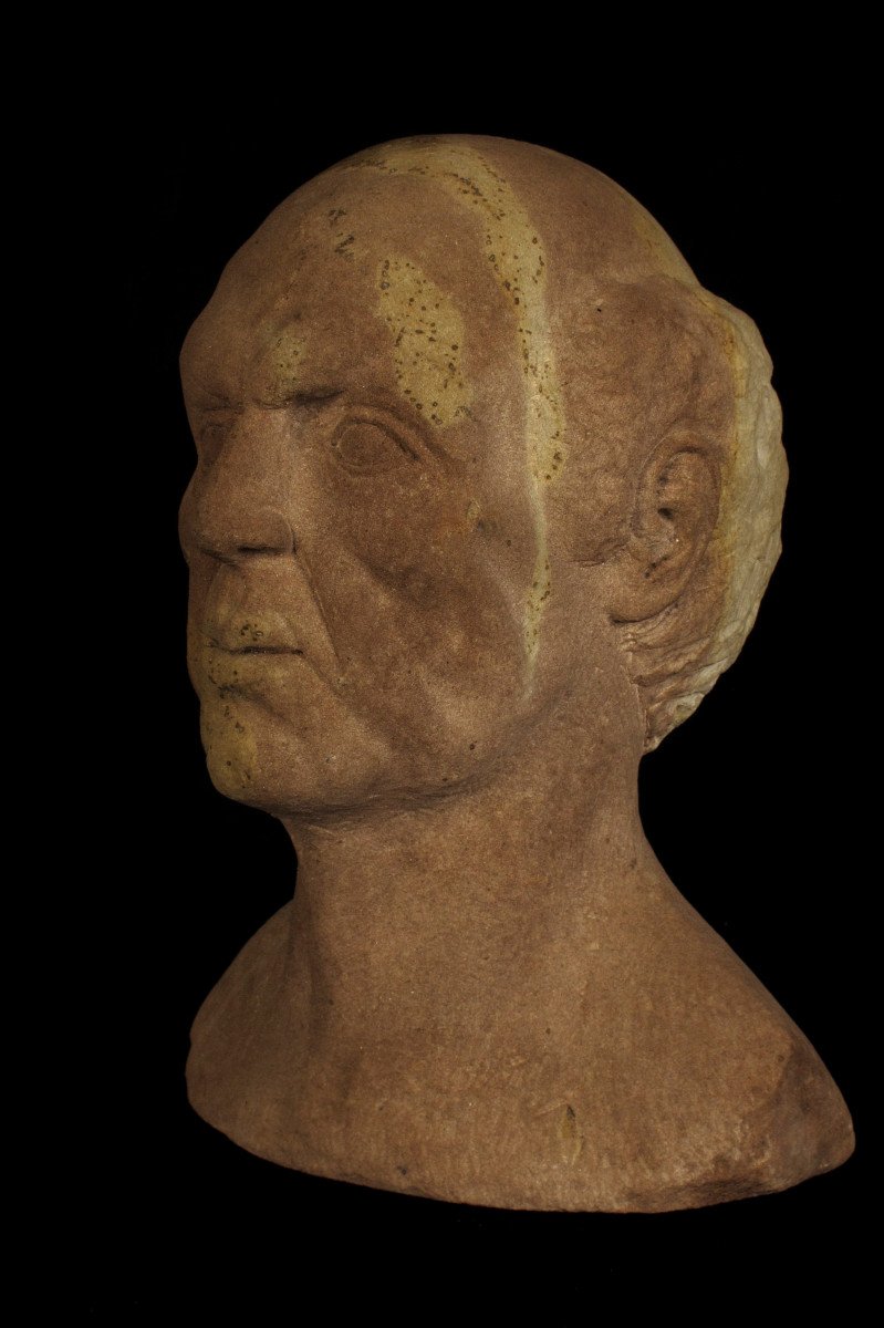 Ancienne Sculpture Sur Grès, Portrait d'Homme Vers 1930.-photo-5