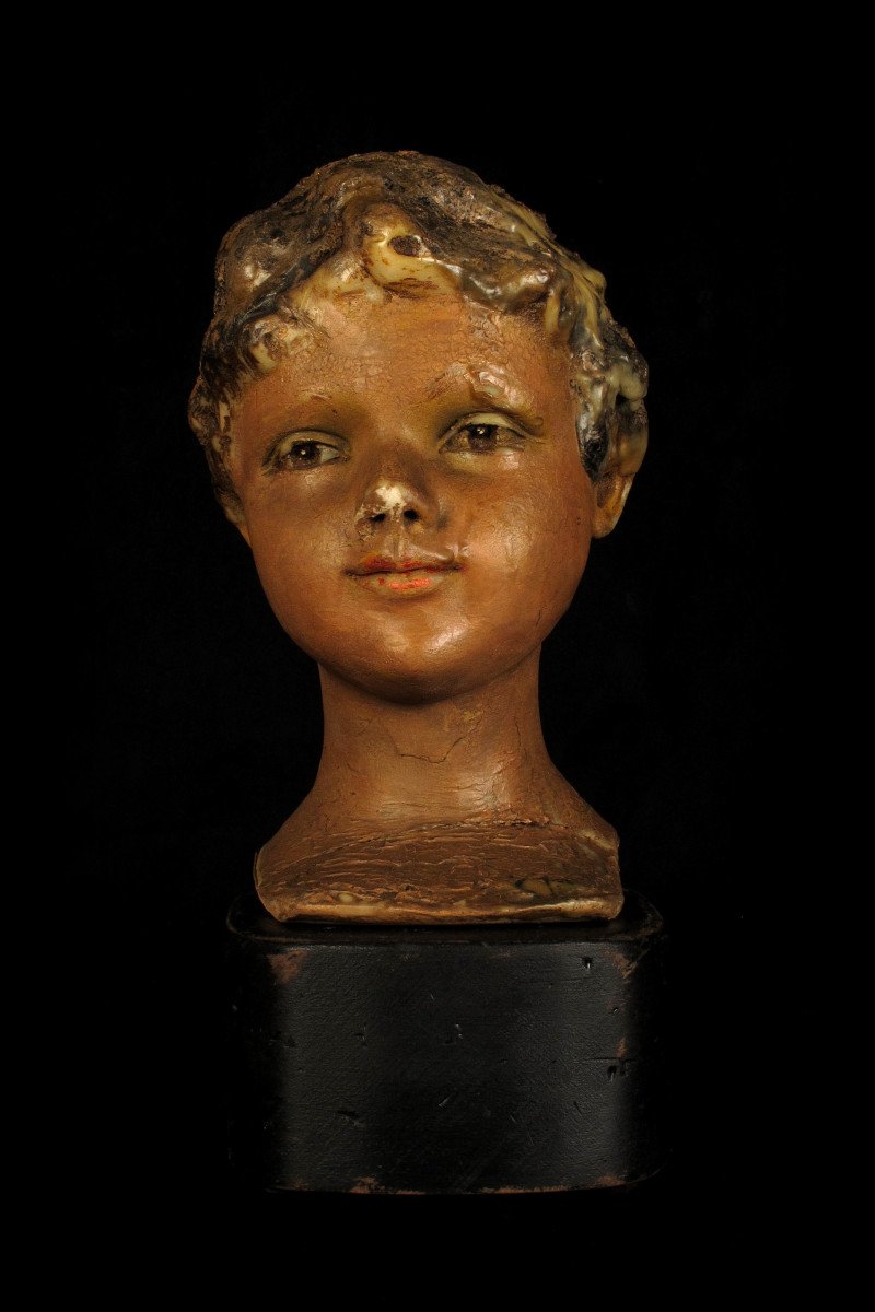 Ancienne Tête De Mannequin d'Enfant, Sculpture En Cire Peinte Vers 1920-photo-2