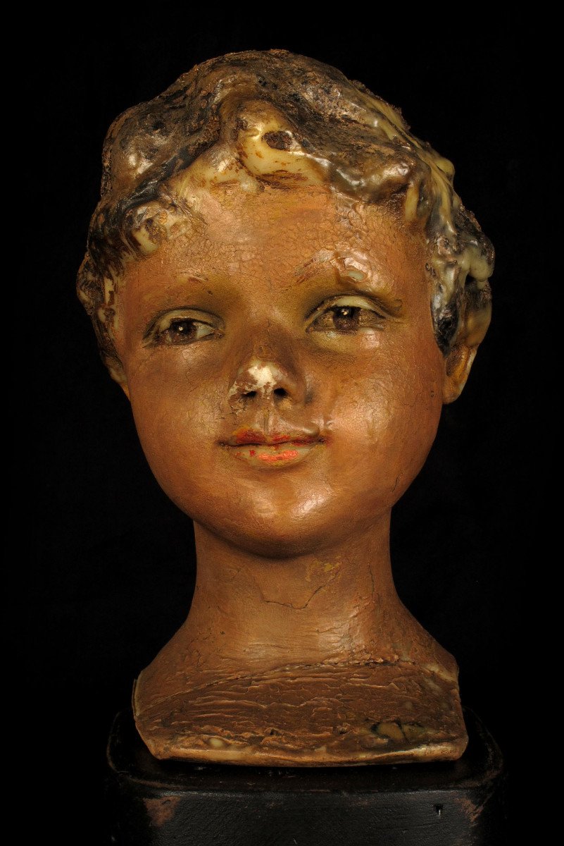 Ancienne Tête De Mannequin d'Enfant, Sculpture En Cire Peinte Vers 1920-photo-3