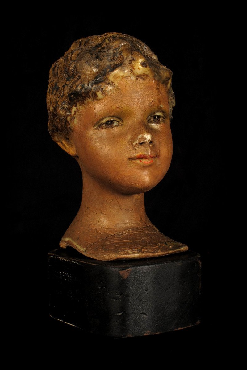 Ancienne Tête De Mannequin d'Enfant, Sculpture En Cire Peinte Vers 1920-photo-4