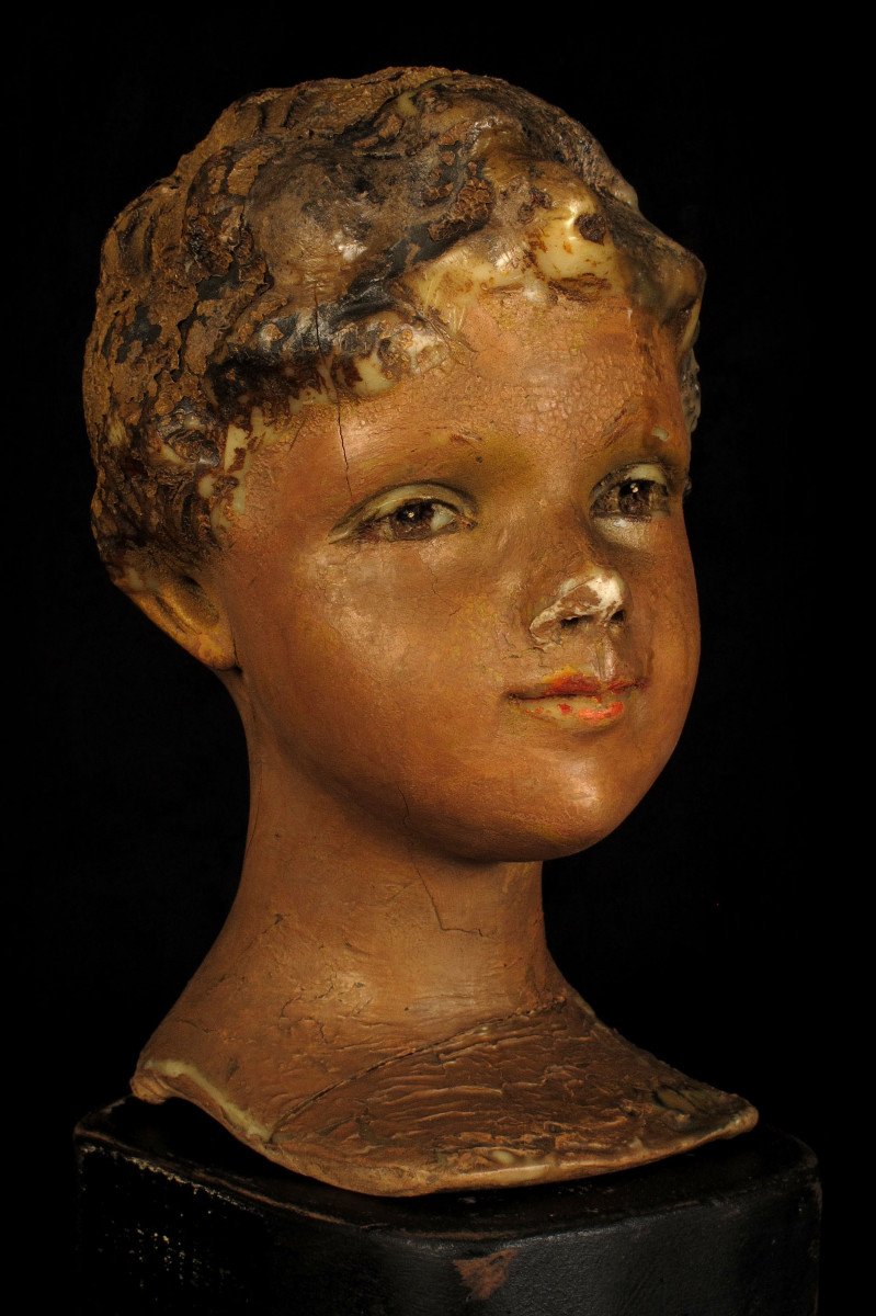 Ancienne Tête De Mannequin d'Enfant, Sculpture En Cire Peinte Vers 1920