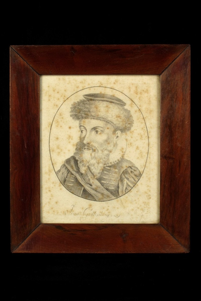 Ancien Portrait Au Crayon, Jean Gutenberg Vers 1850.