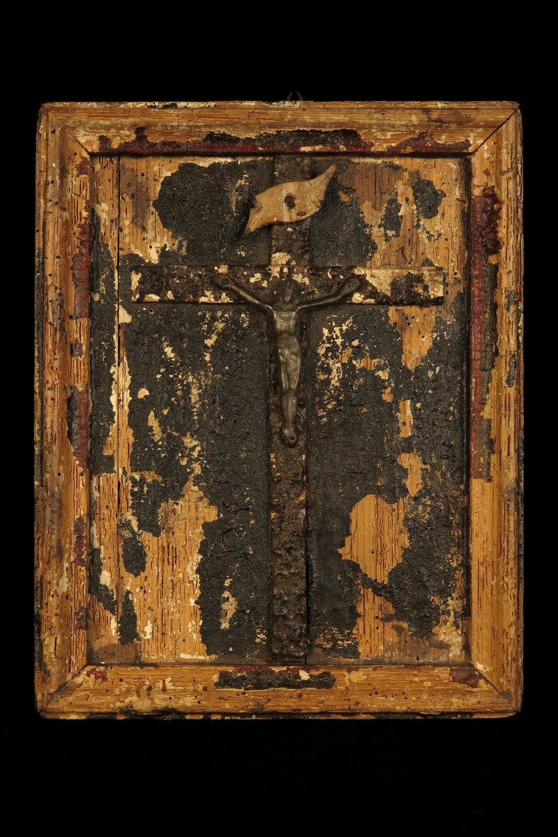 Old Remains Of Crucifix, Religious Folk Art Around 1800 / Christ Plomb-photo-2