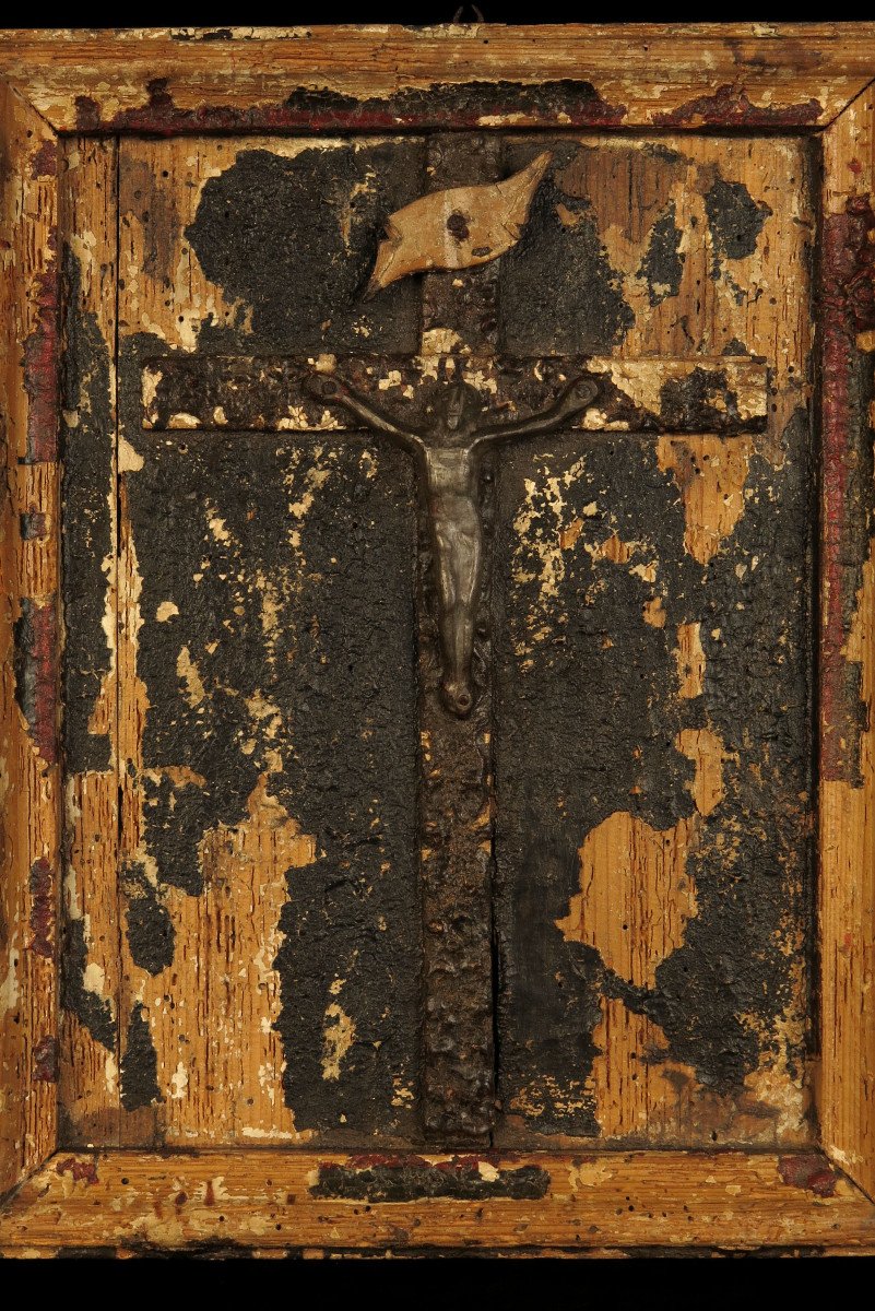 Old Remains Of Crucifix, Religious Folk Art Around 1800 / Christ Plomb-photo-3