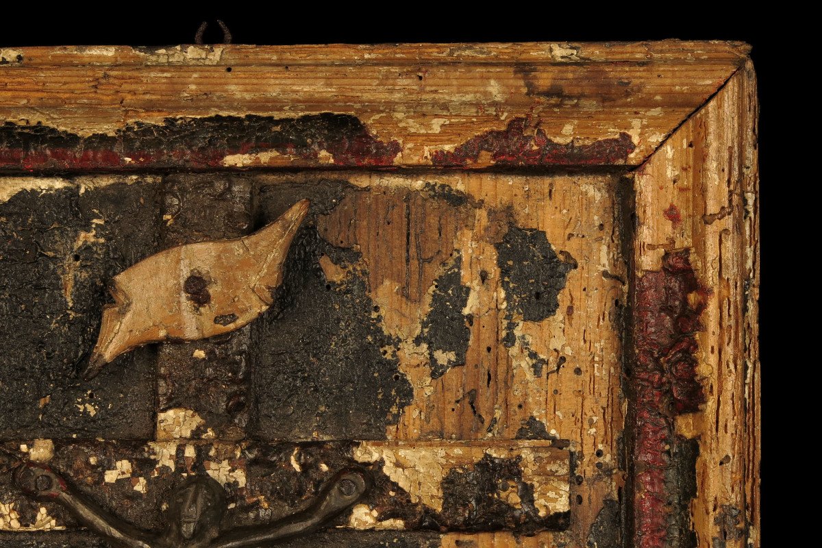 Old Remains Of Crucifix, Religious Folk Art Around 1800 / Christ Plomb-photo-3